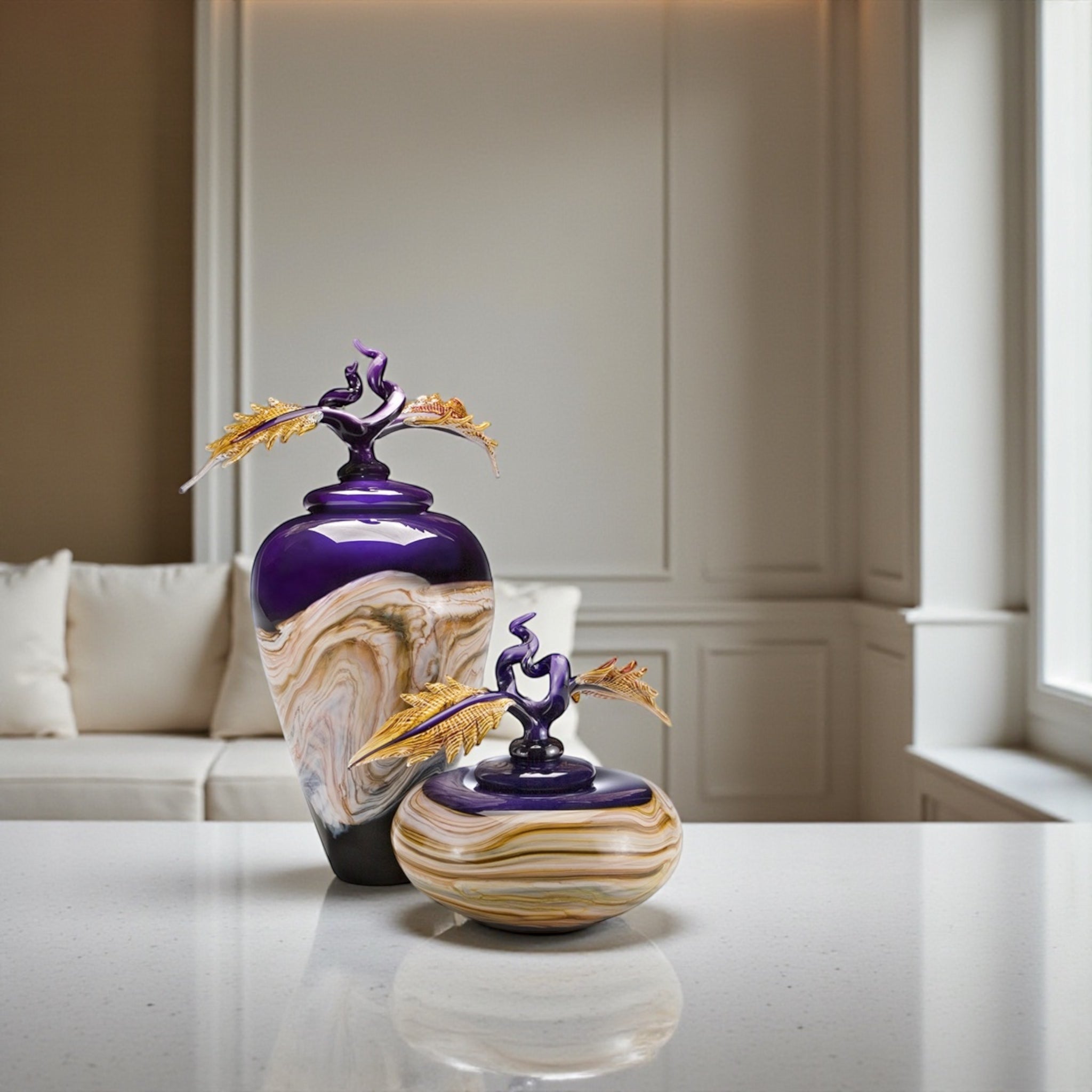 Amethyst Strata Jar & Bowl with Avian Finials