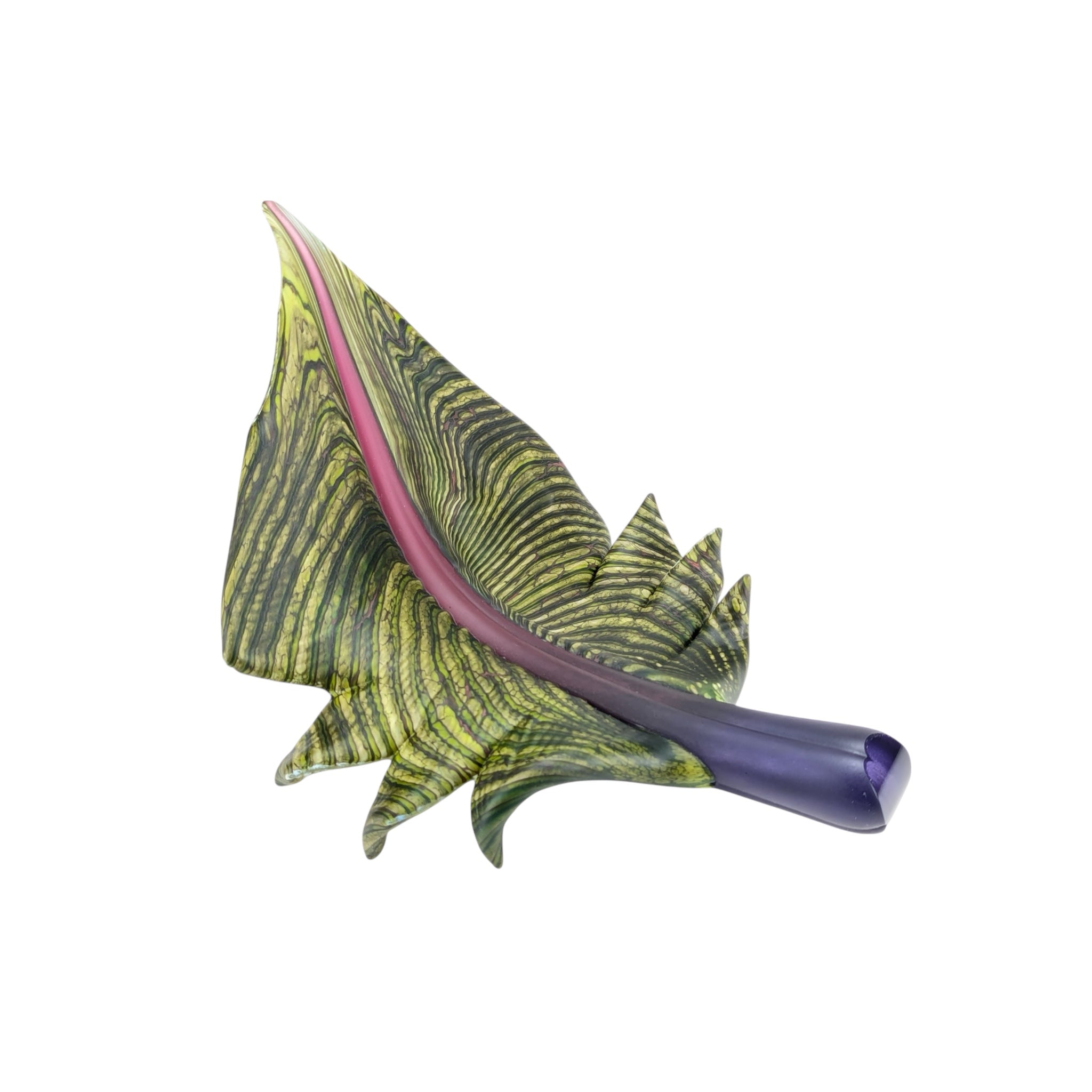 Arbor leaf glass sculpture in green with amethyst stem