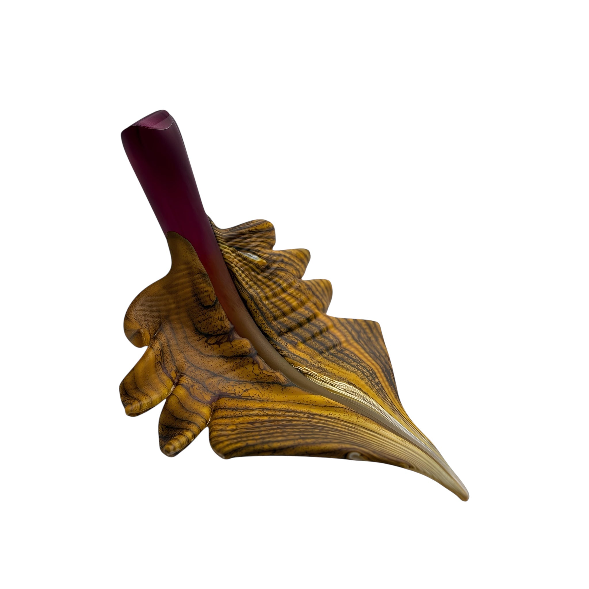 Arbor leaf glass sculpture in green with ruby stem