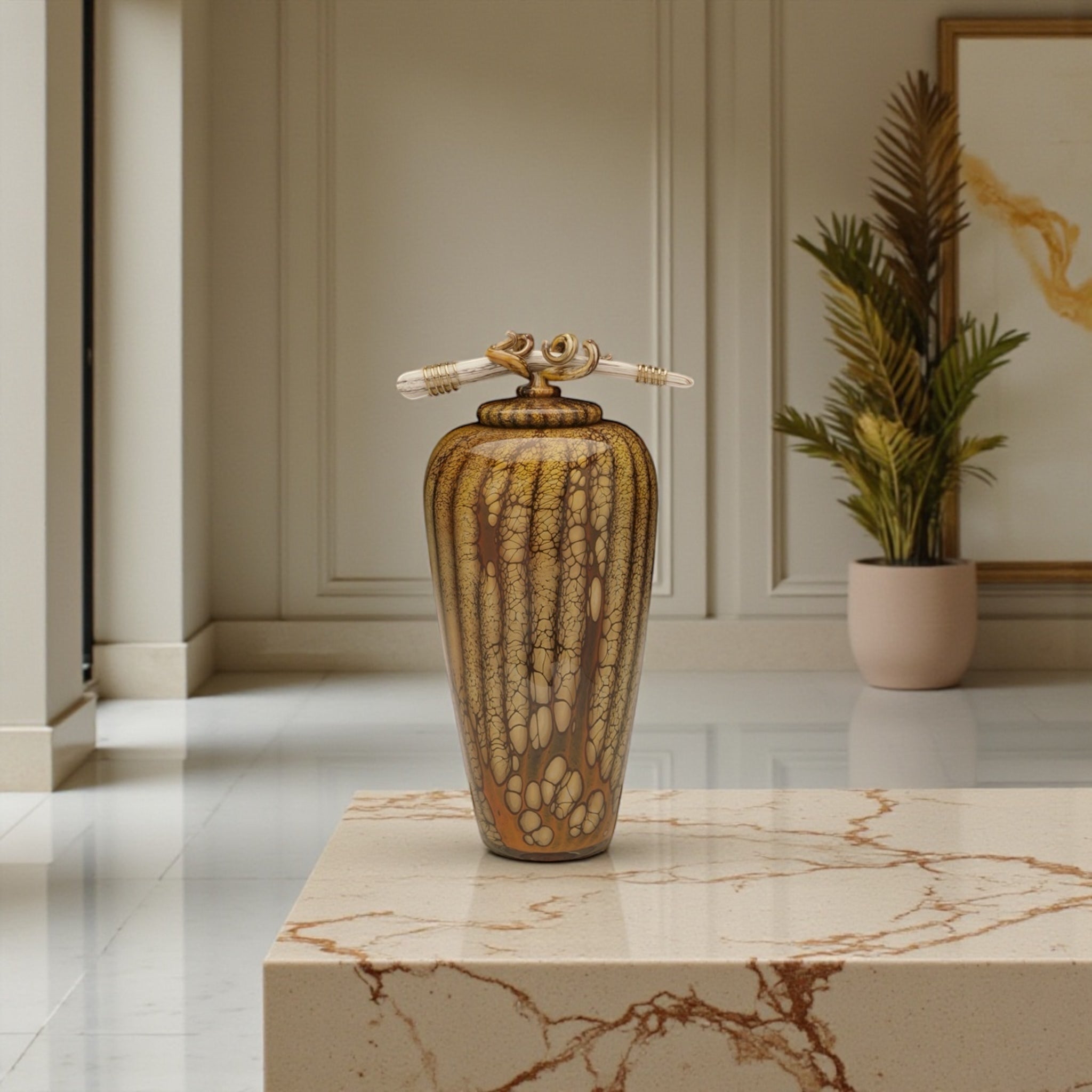 Batik Covered Jar with Bone & Tendril Finial