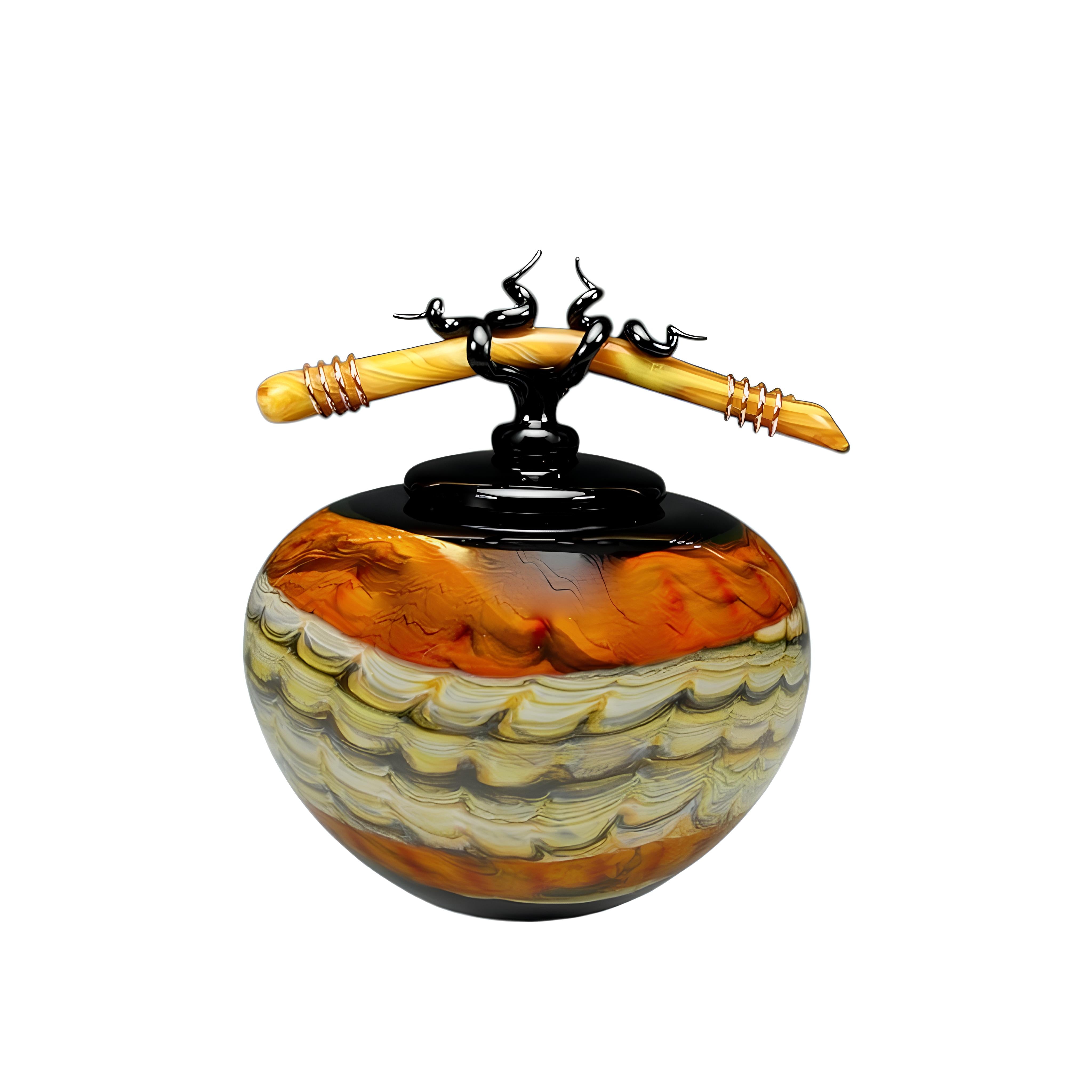 Black Opal With Tangerine Covered Sphere with Bone Finial