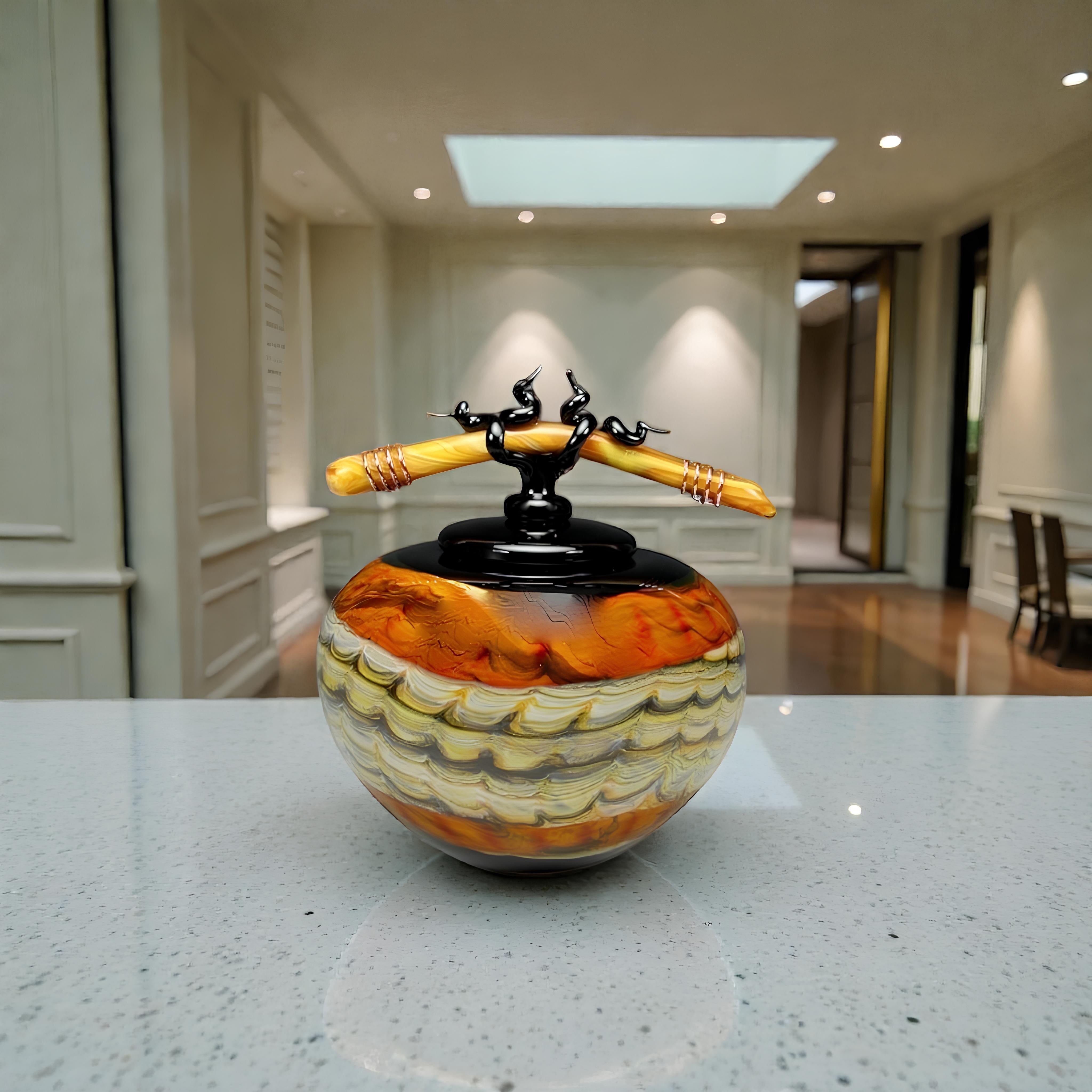 Black Opal With Tangerine Covered Sphere with Bone Finial