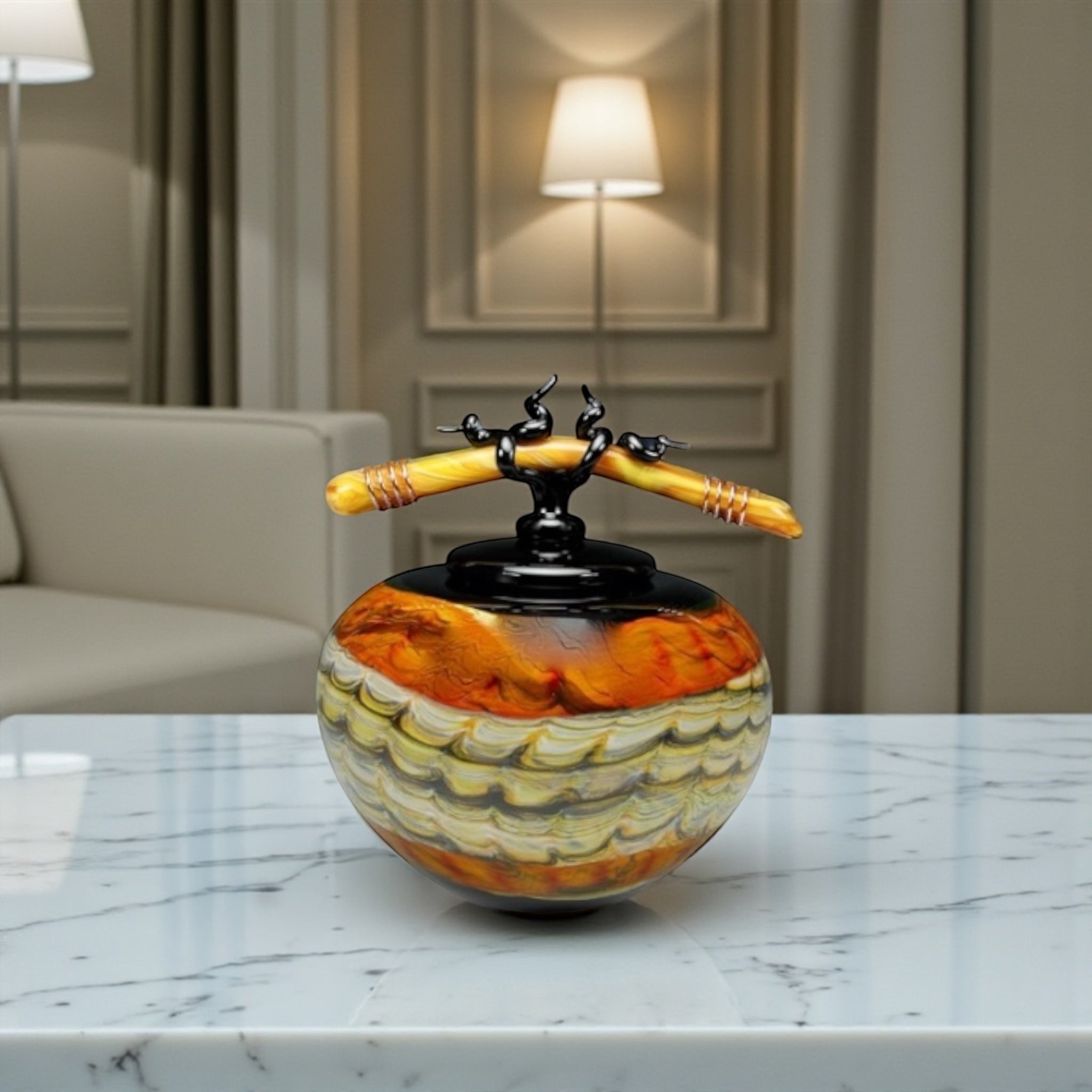 Black Opal With Tangerine Covered Sphere with Bone Finial