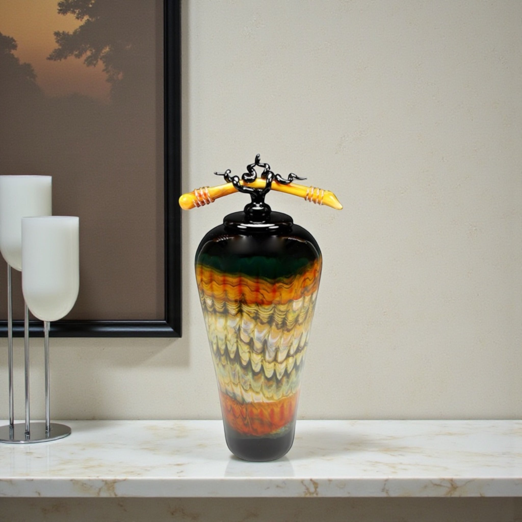 Black Opal With Tangerine Jar with Bone & Tendril Finial