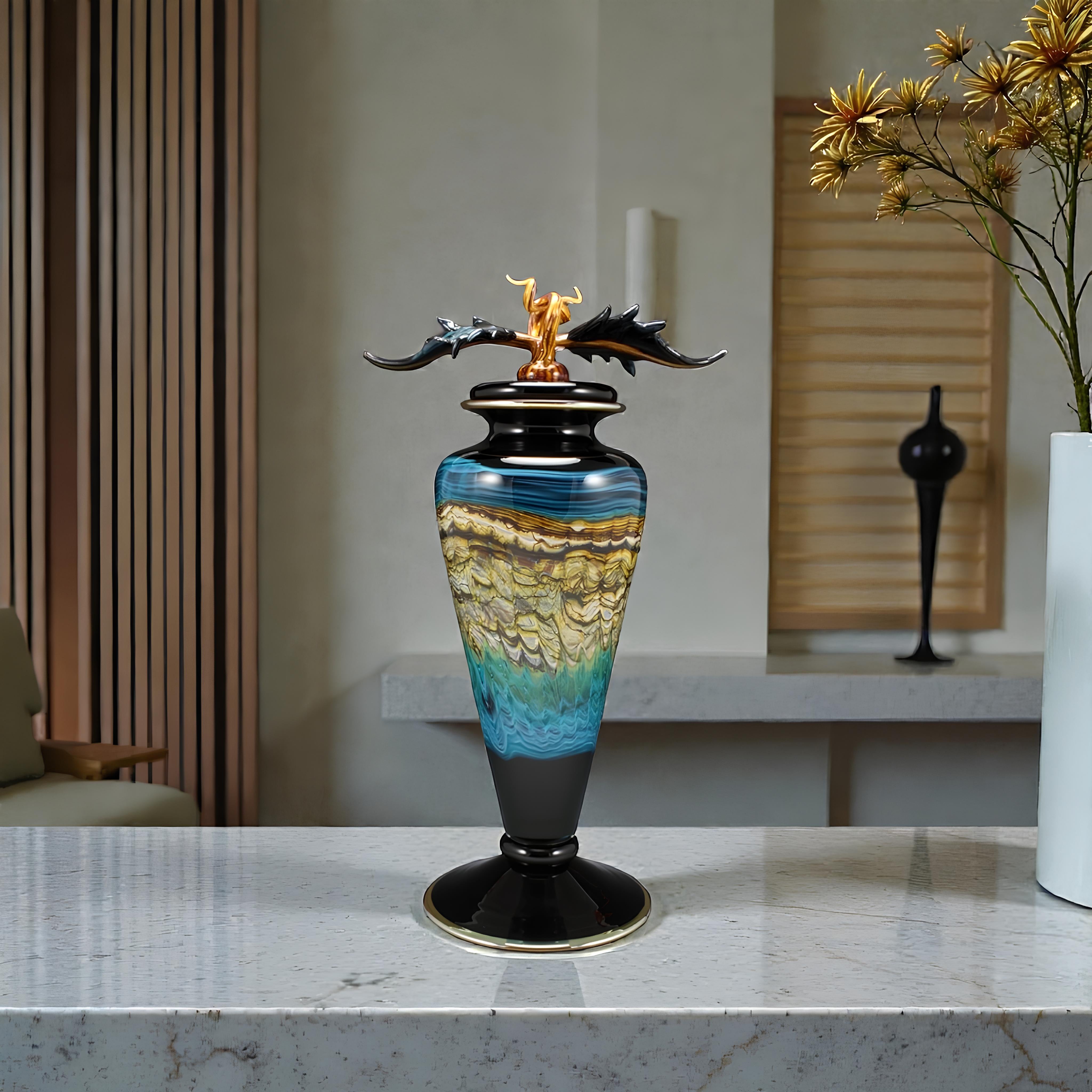 Black Opal with Turquoise Footed Vessel with Avian Finial