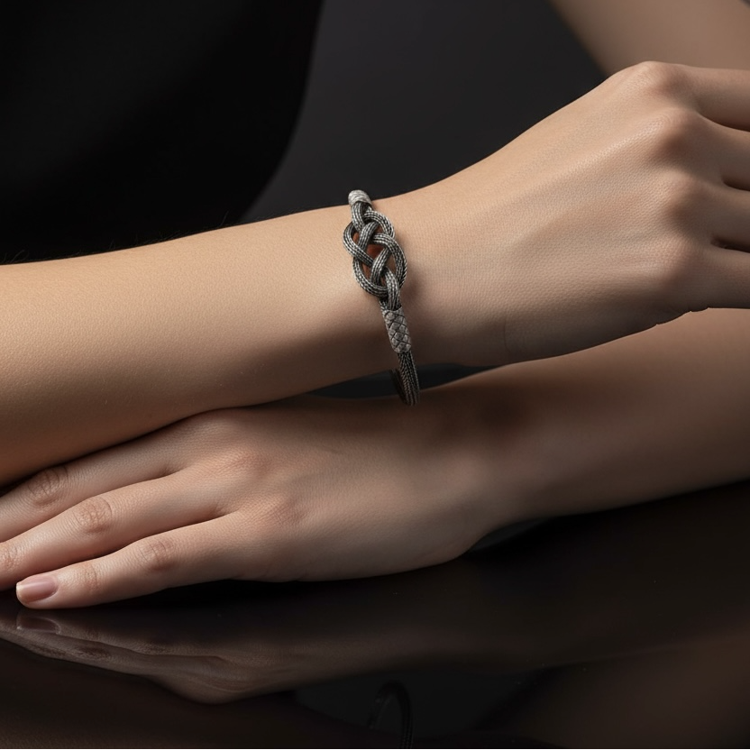 Bracelet on a wrist with a dark background
