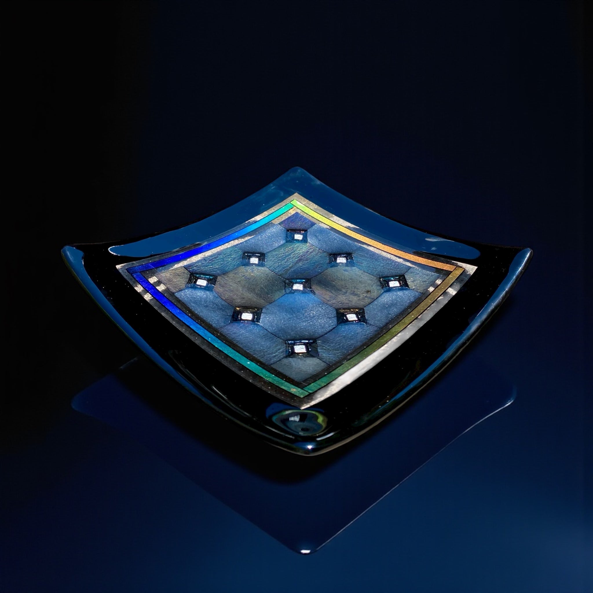 Fused Glass Plate – Harlequin Design with Black Border and White Diamond Detail