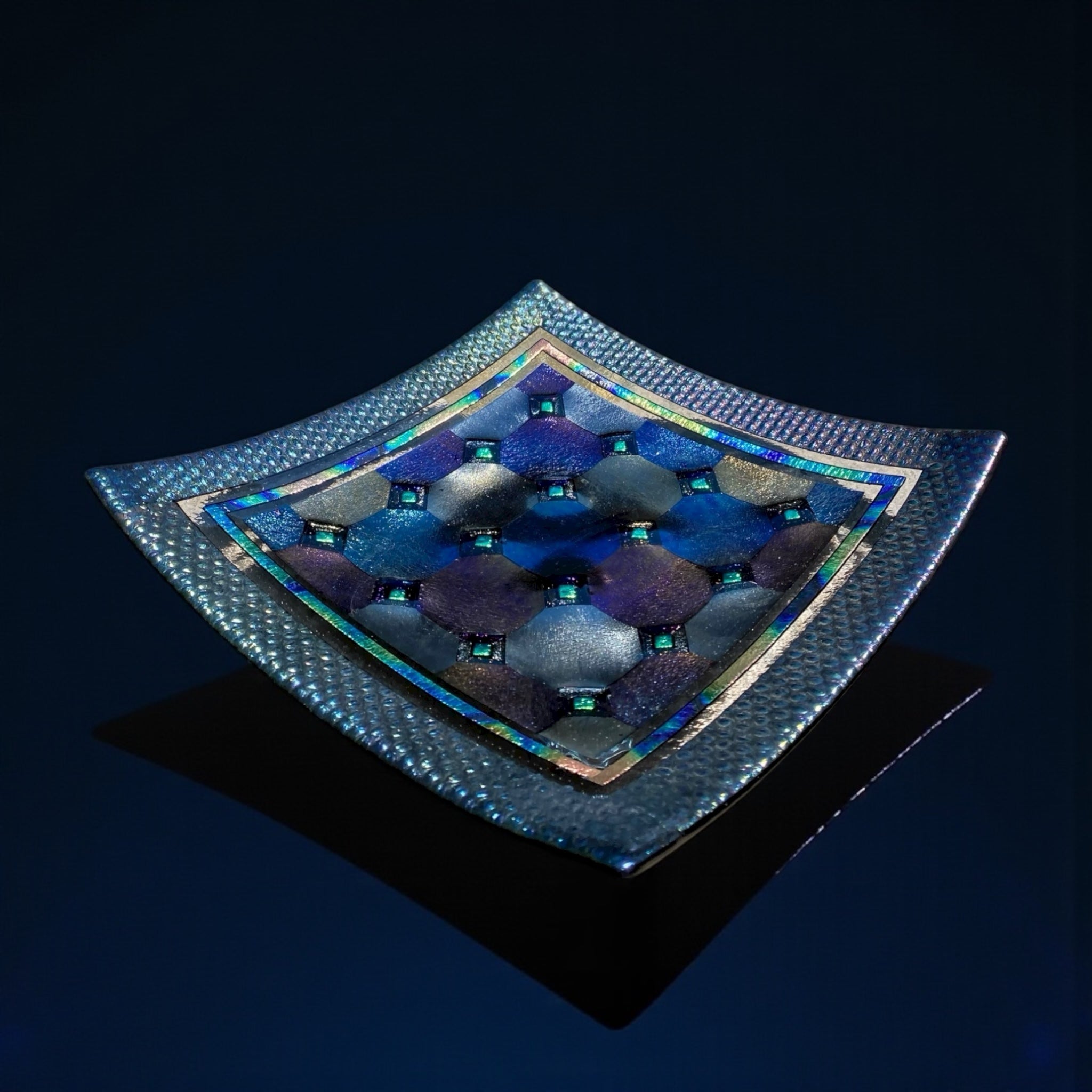 Fused Glass Plate – Harlequin Design with Border and Green Diamond Detail