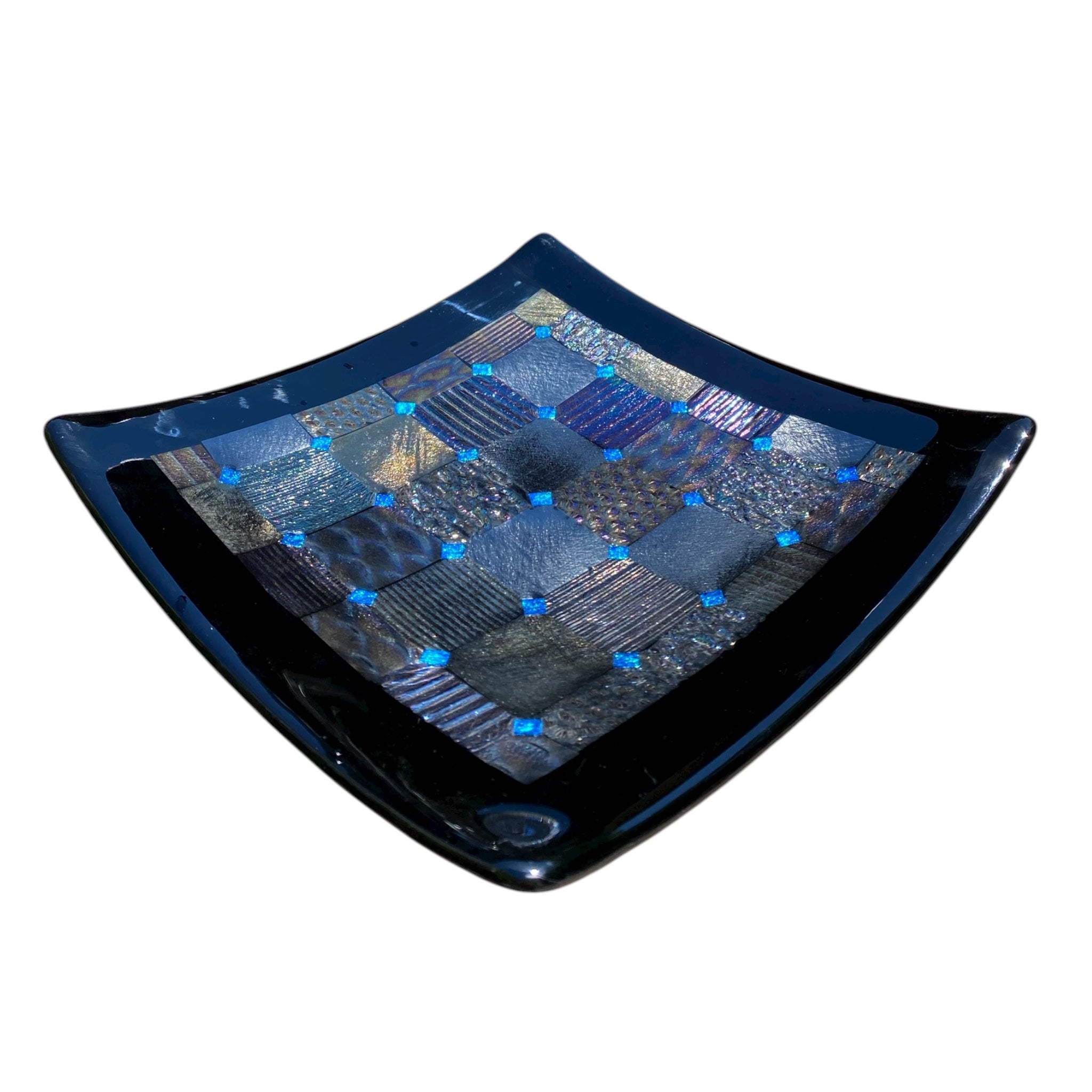 Fused Glass Plate – Patchwork Design with Black Border and Blue Diamond Detail