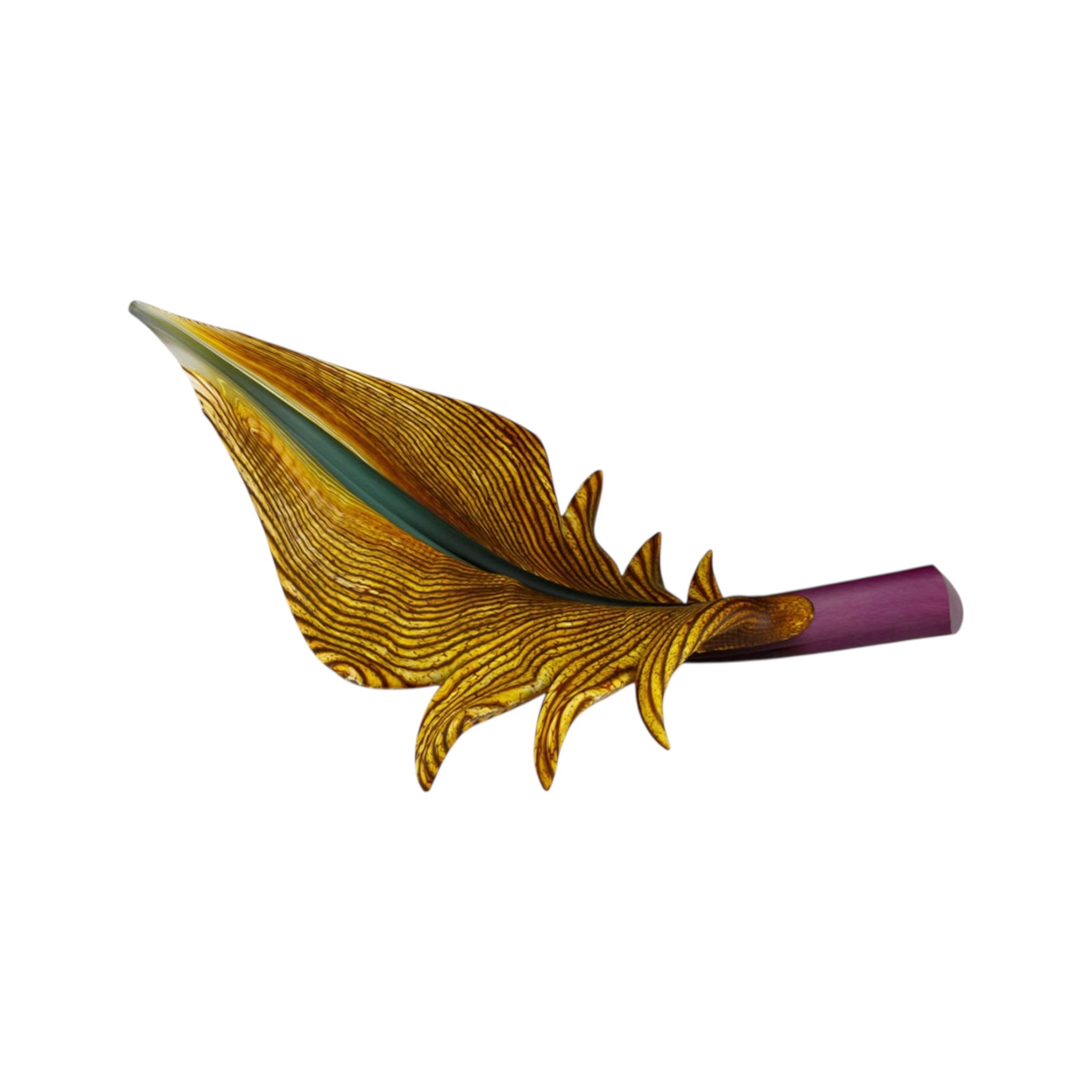 Arbor leaf glass sculpture in gold brown with amethyst stem