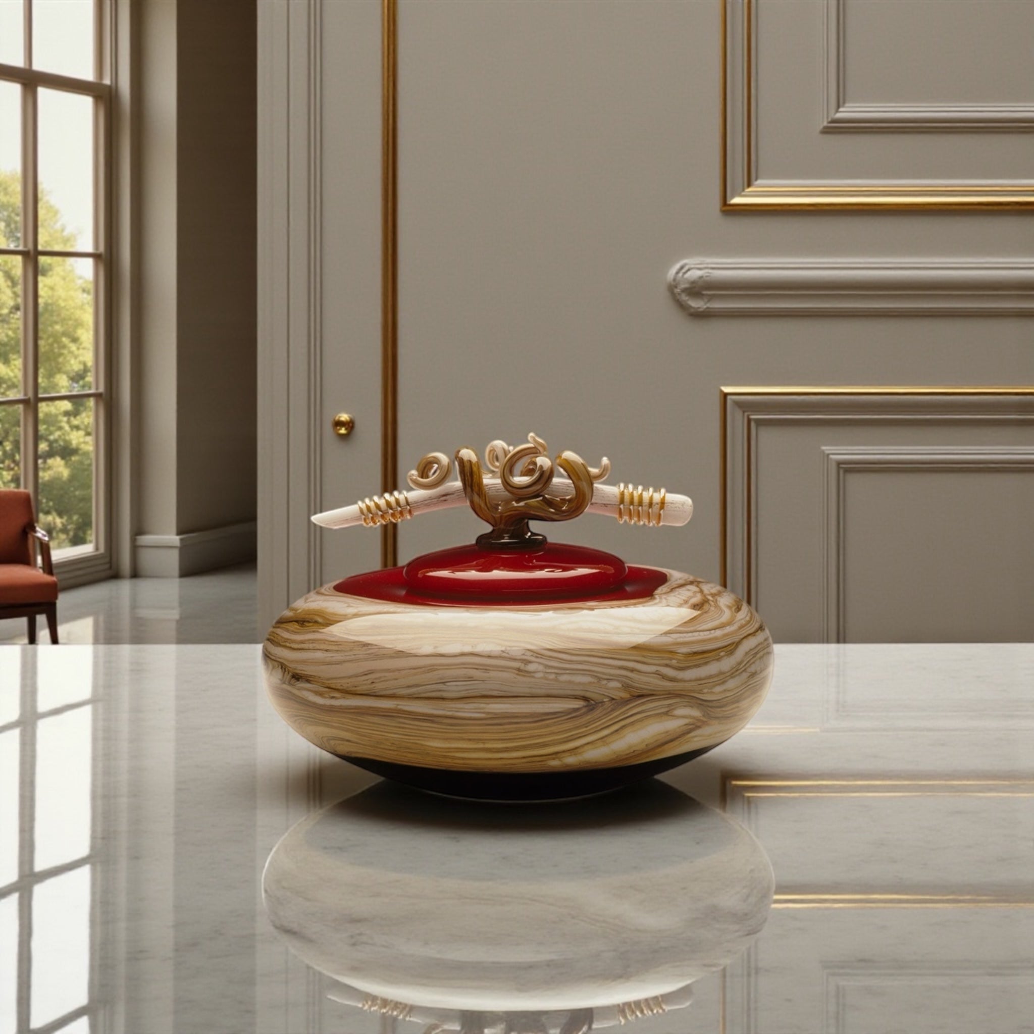 Ruby Strata covered bowl with bone finial