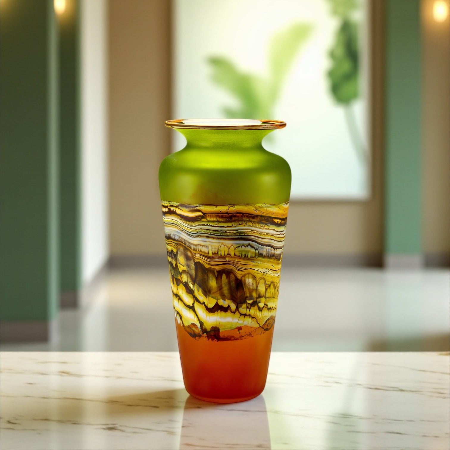Translucent Strata Urn in lime and tangerine