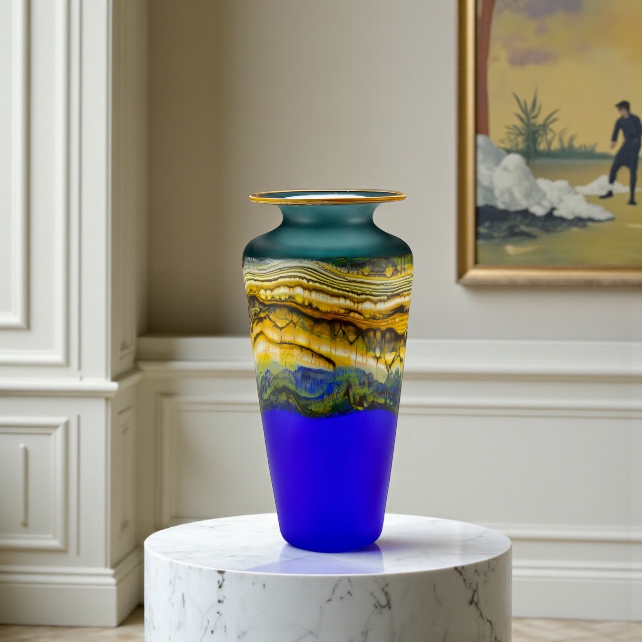 Translucent Strata Urn in sage and cobalt