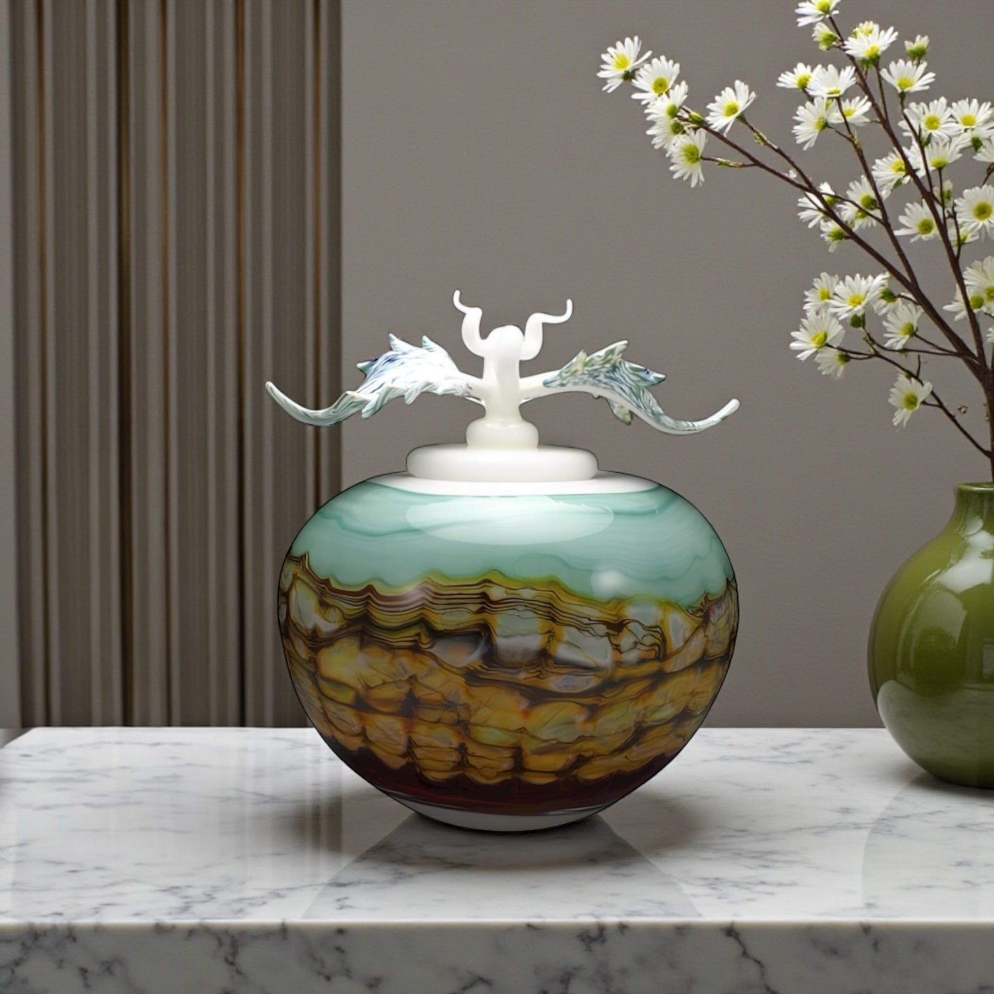 Turquoise & Crimson Opal Covered Bowl with Avian Finial