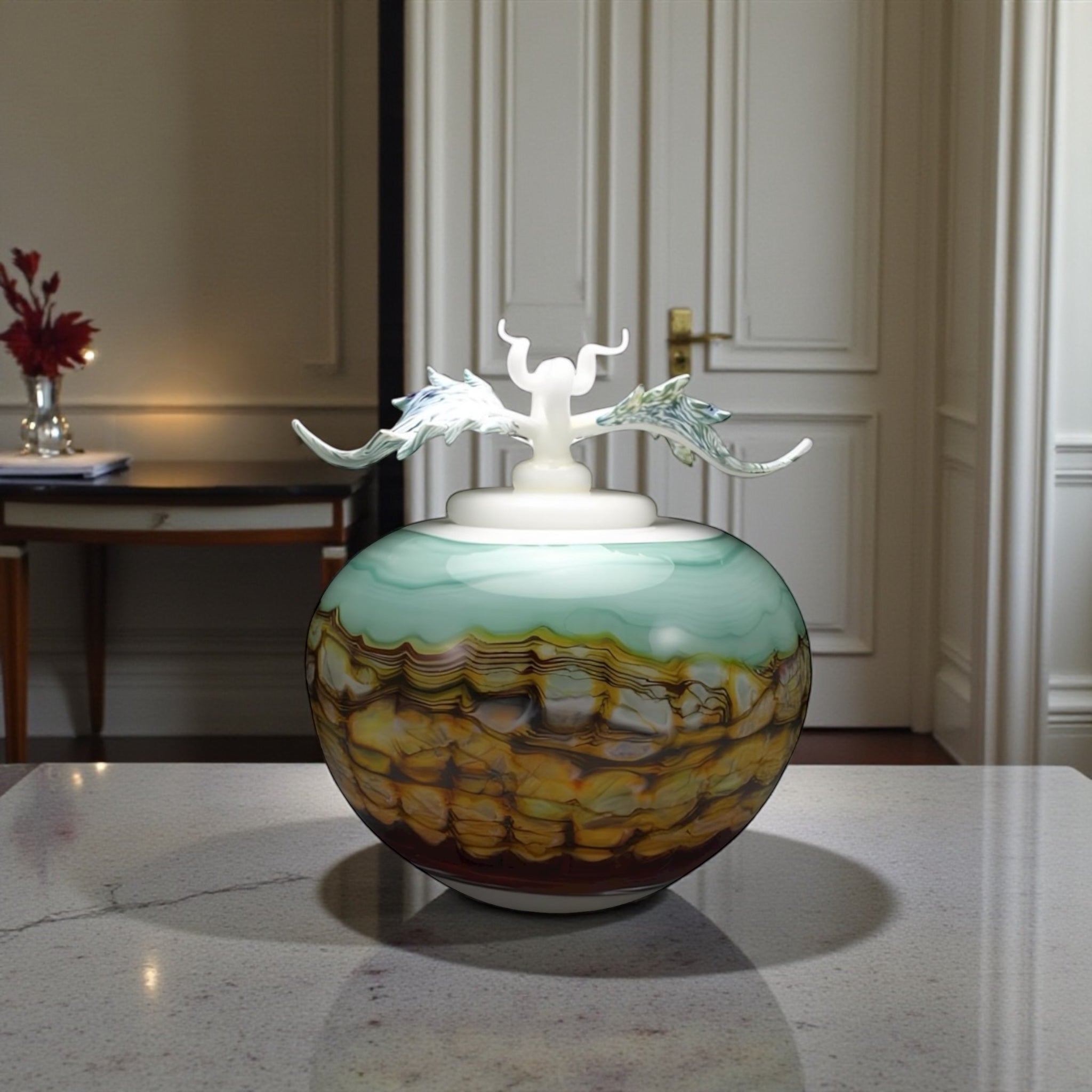 Turquoise & Crimson Opal Covered Bowl with Avian Finial