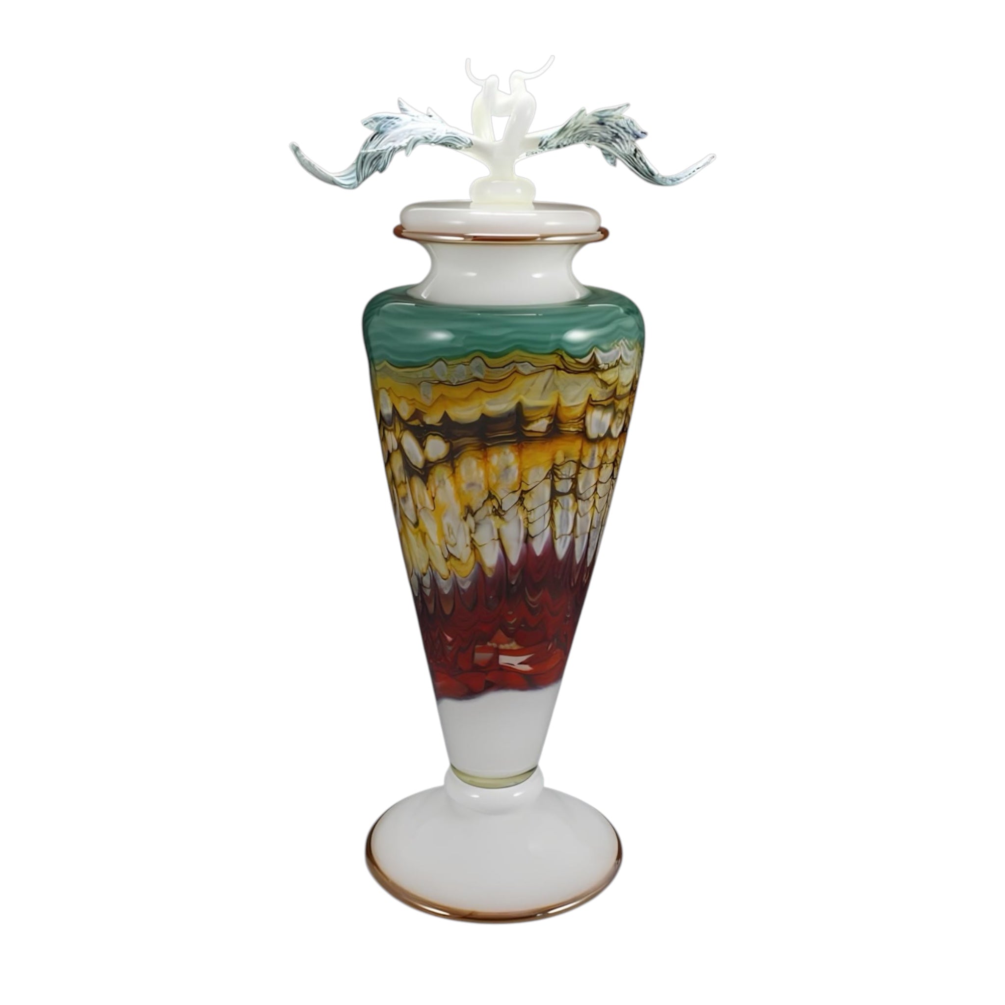 Turquoise & Crimson Opal Footed Vessel with Avian Finial