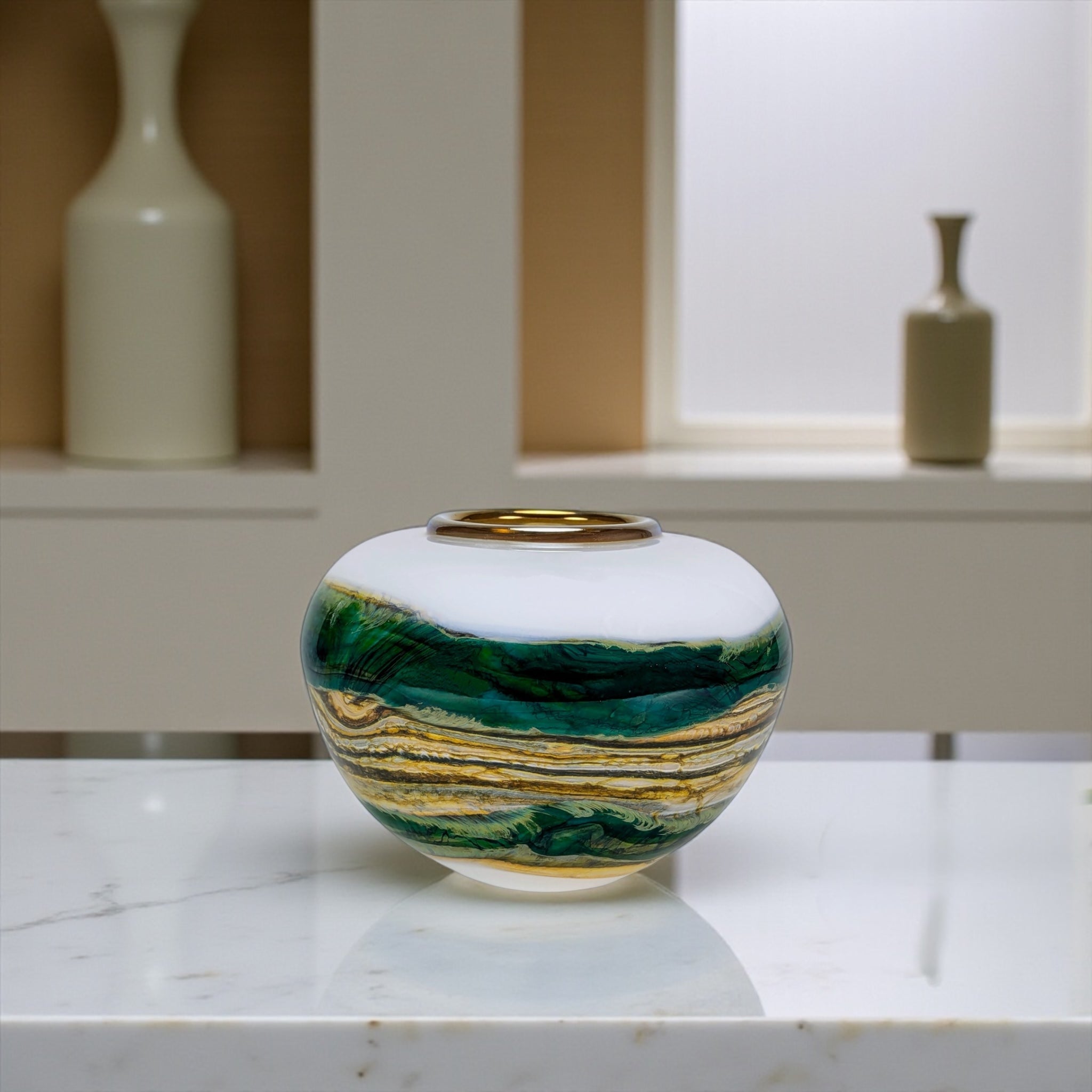 White Opal With Agate Sphere With Metallic Lip