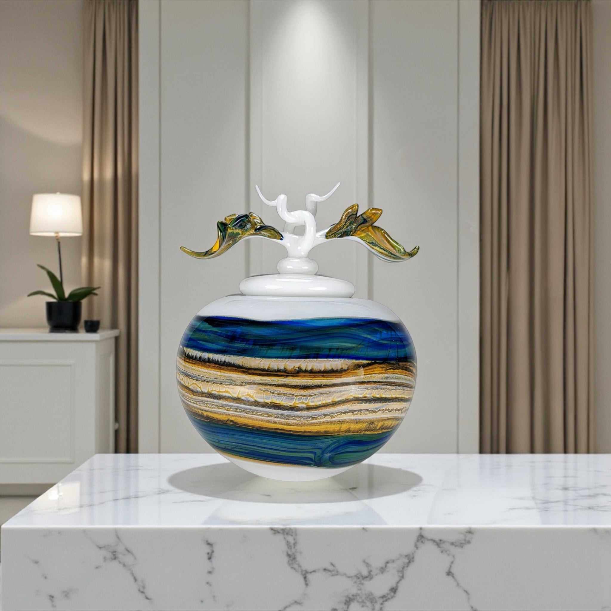 White Opal With Coastal Covered Sphere with Avian Finial