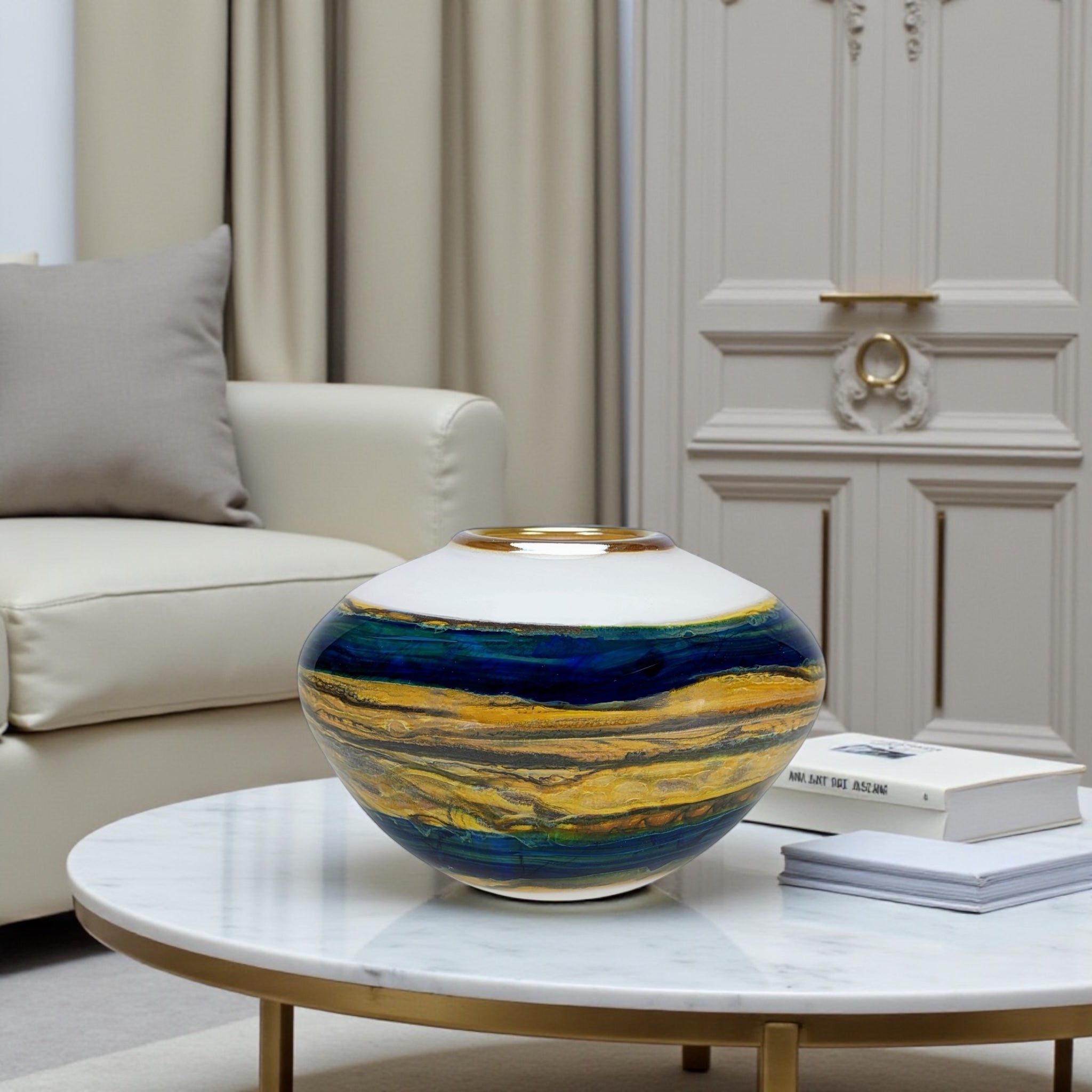 White Opal With Coastal Open Bowl with Metallic Lip