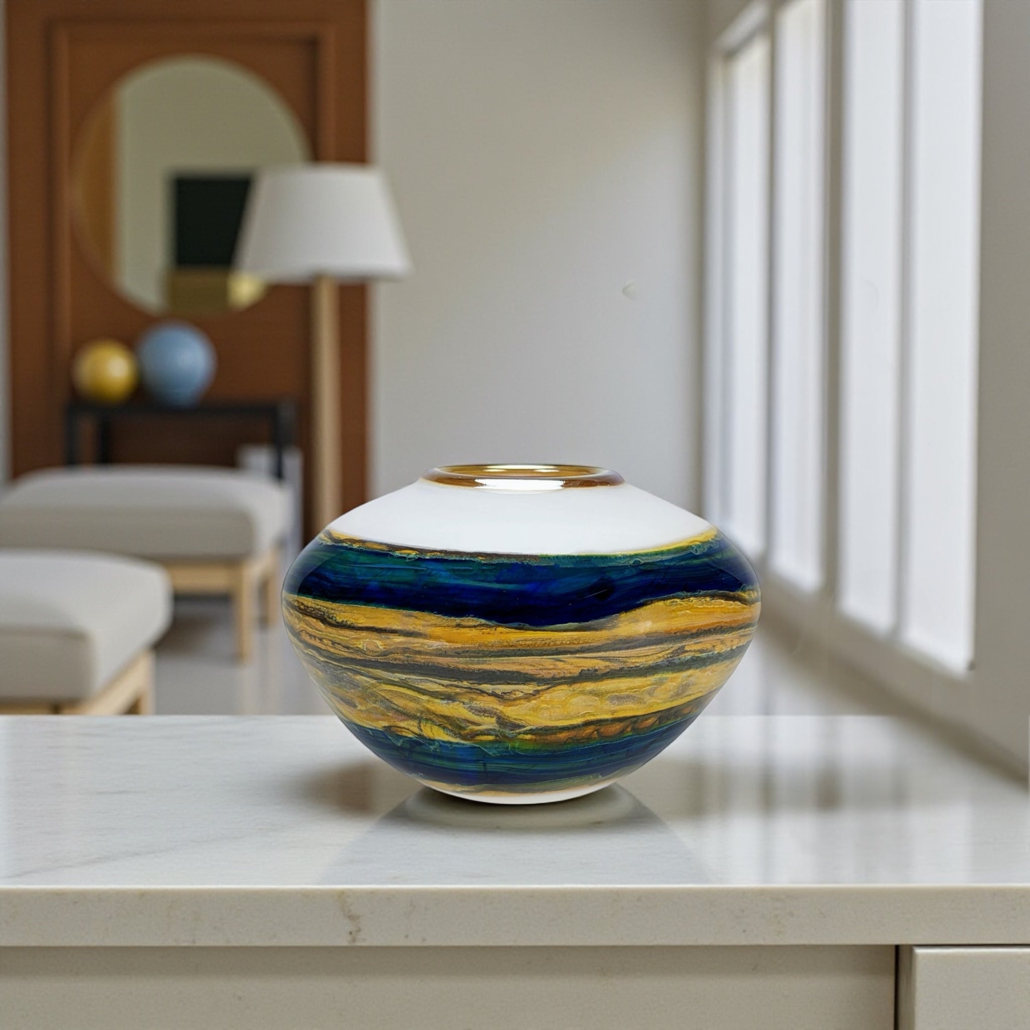 White Opal With Coastal Open Bowl with Metallic Lip