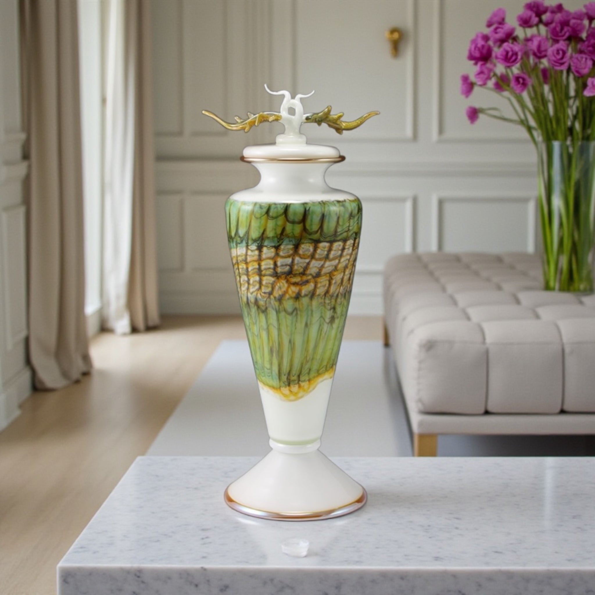 White Opal With Sage Footed Vessel with Avian Finial