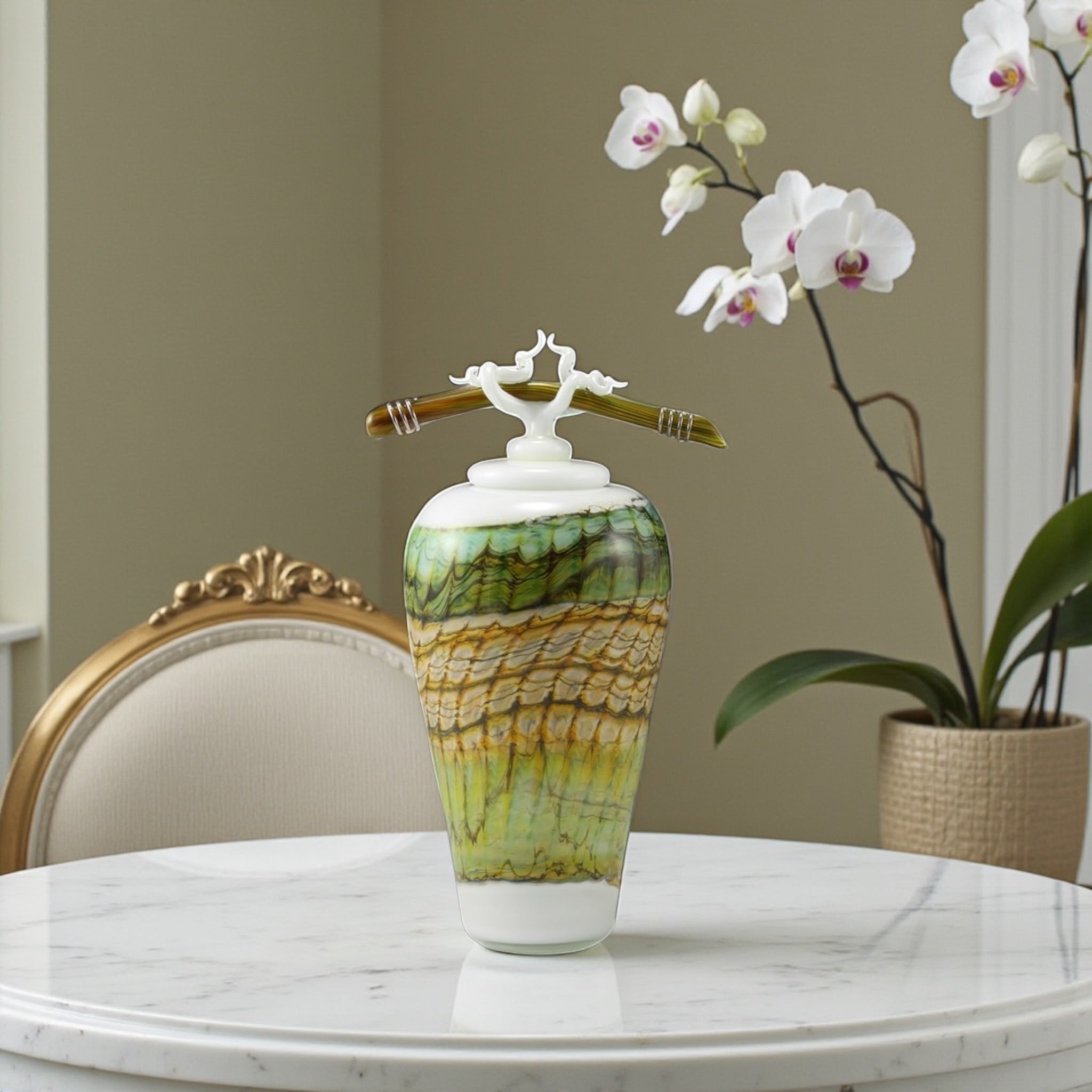 White Opal With Sage Jar with Bone & Tendril Finial