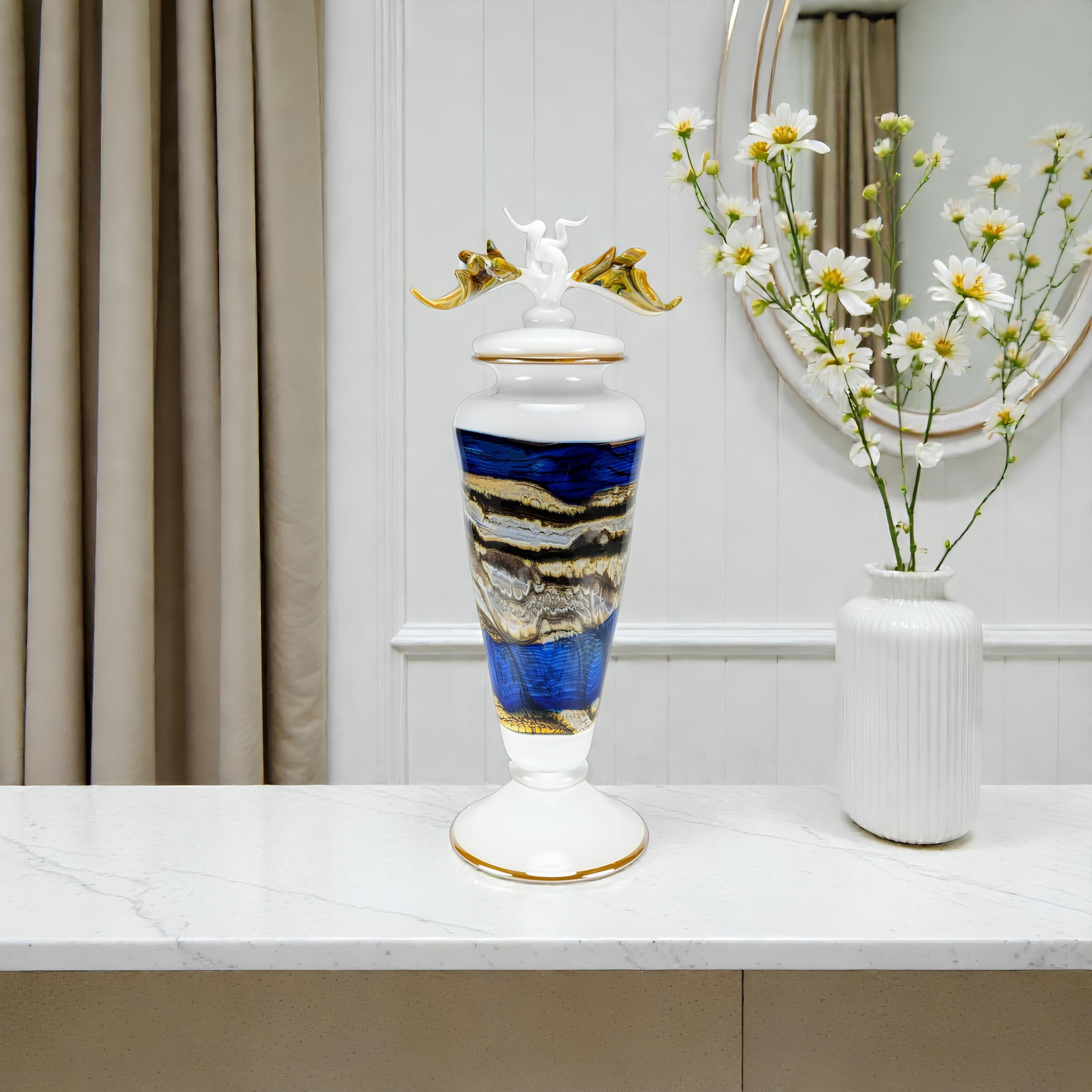 White Opal with Coastal Footed Vessel with Avian Finial