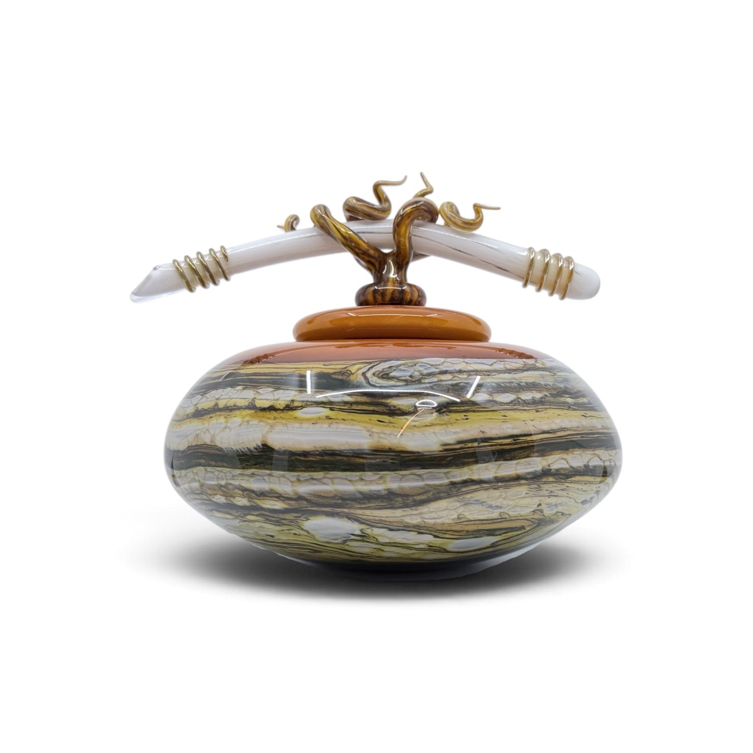 Tangerine Strata covered bowl with bone finial
