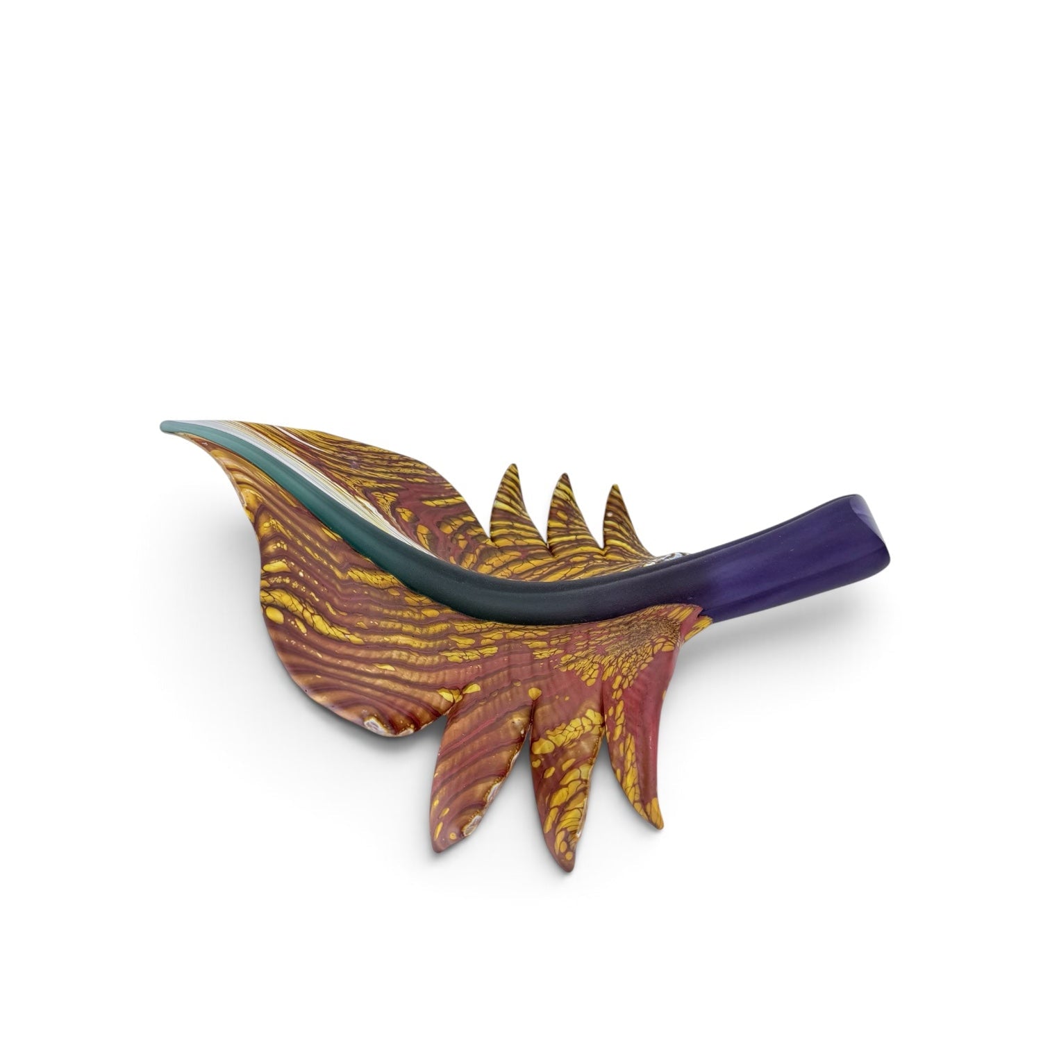 Arbor leaf glass sculpture in gold brown with amethyst stem