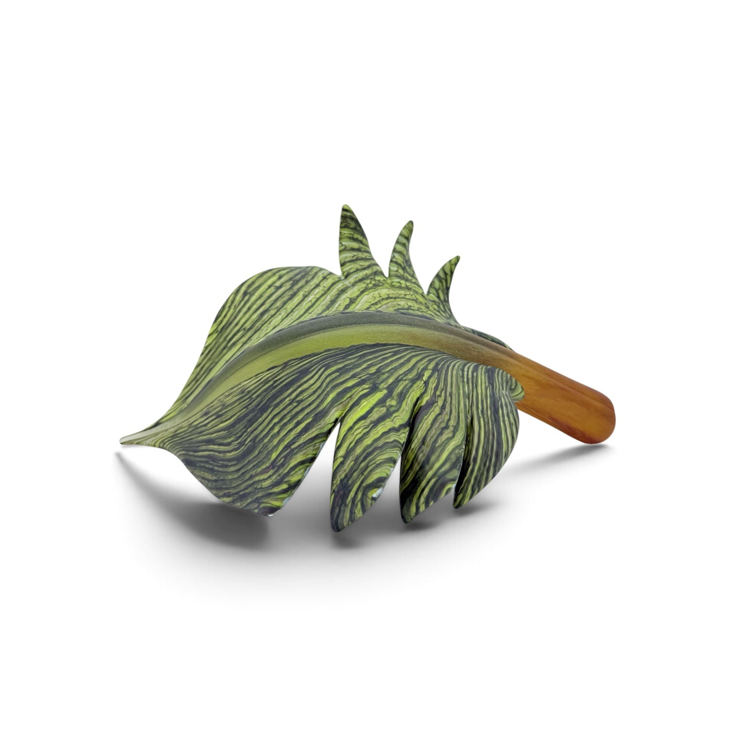 Arbor leaf glass sculpture in green with brown stem