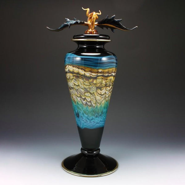 Black and Turquoise Opal Footed Vessel with Avian Finial