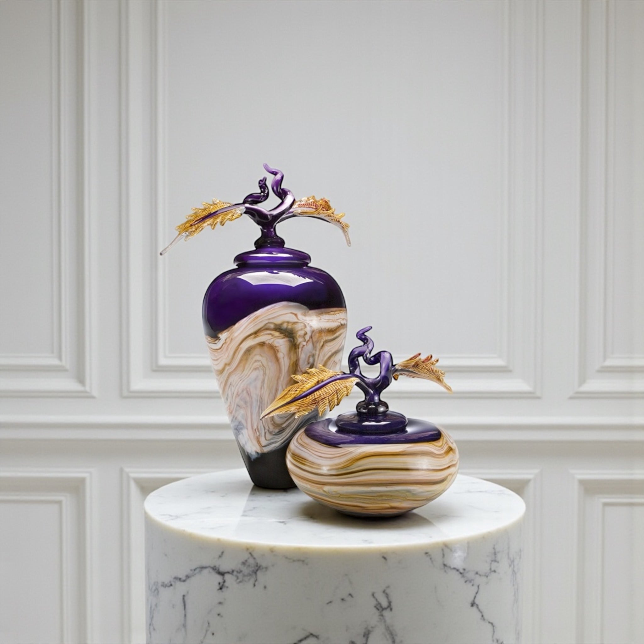 Amethyst Strata Jar & Bowl with Avian Finials