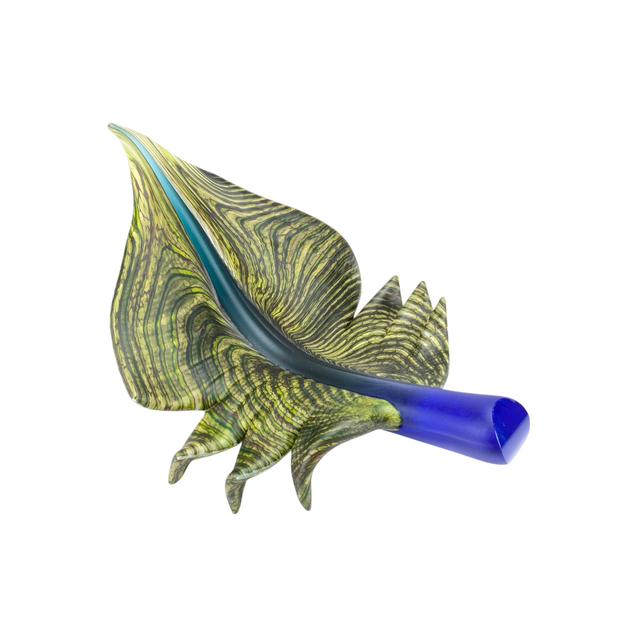Arbor leaf glass sculpture in green with cobalt stem