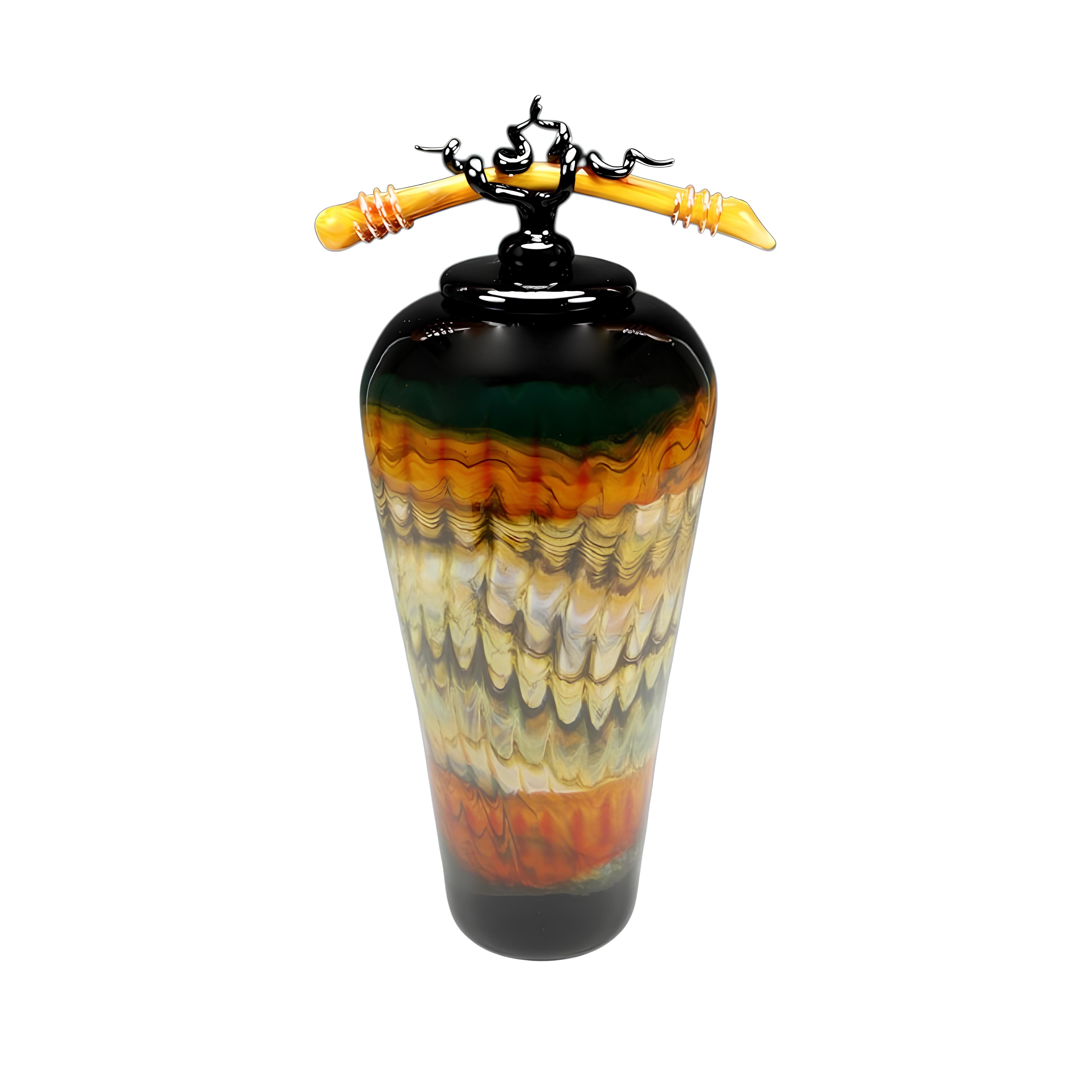 Black Opal With Tangerine Jar with Bone & Tendril Finial