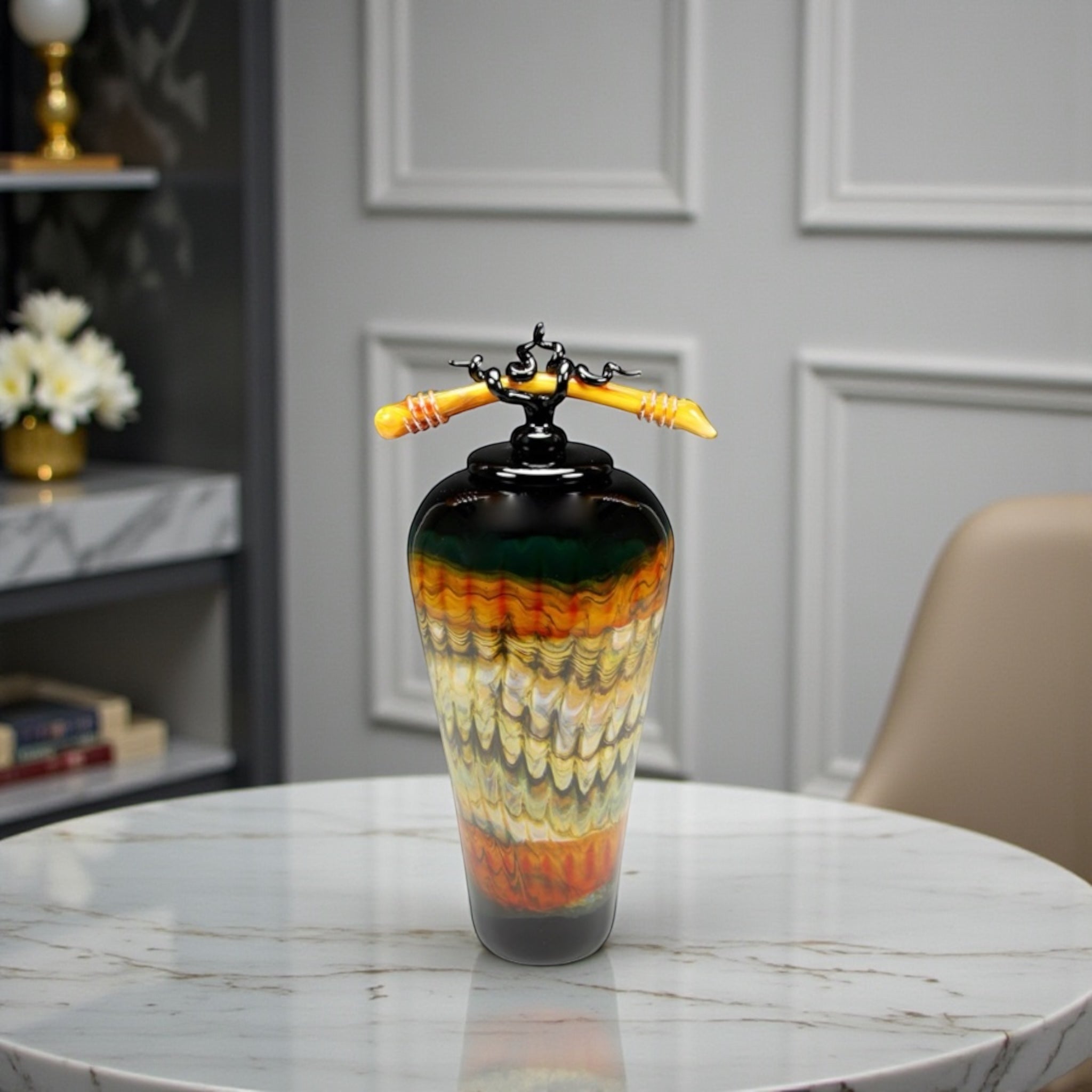 Black Opal With Tangerine Jar with Bone & Tendril Finial