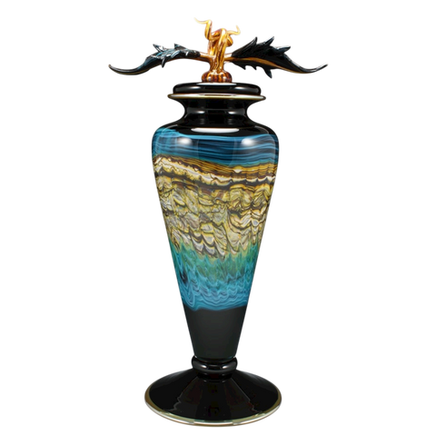 Black and Turquoise Opal Footed Vessel with Avian Finial