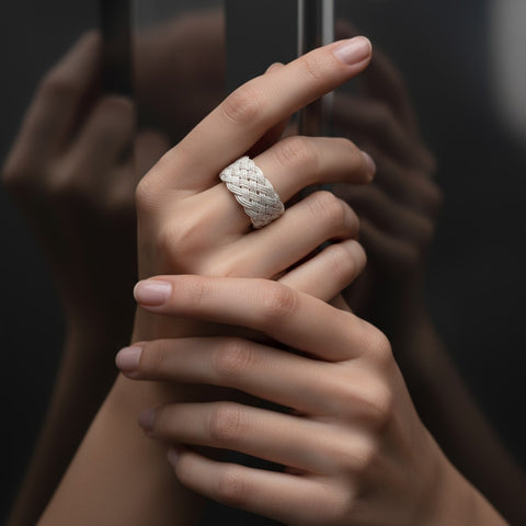 Hand Woven Silver Kazaz White Ring