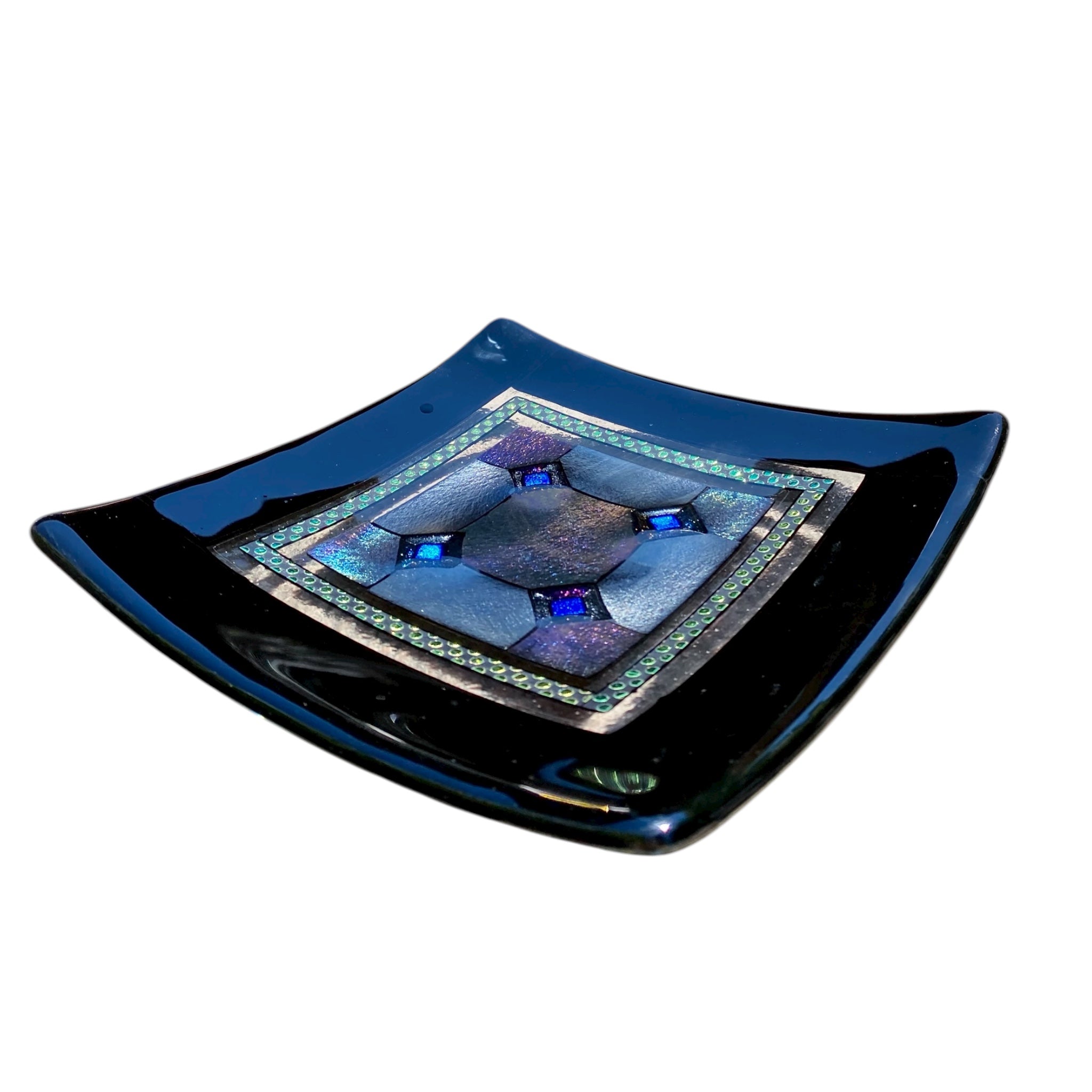 Fused Glass Plate – Harlequin Design with Black Border and Blue Diamond Detail