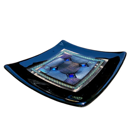 Fused Glass Plate – Harlequin Design with Black Border and Blue Diamond Detail