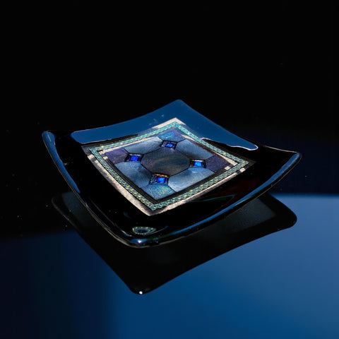 Fused Glass Plate – Harlequin Design with Black Border and Blue Diamond Detail
