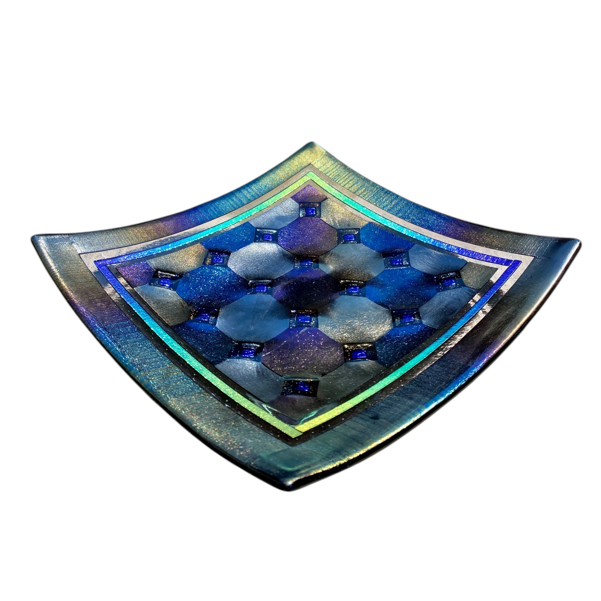 Fused Glass Plate – Harlequin Design with Border and Blue Diamond Detail
