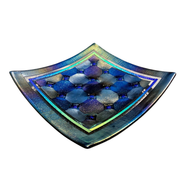 Fused Glass Plate – Harlequin Design with Border and Blue Diamond Detail