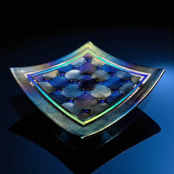 Fused Glass Plate – Harlequin Design with Border and Blue Diamond Detail