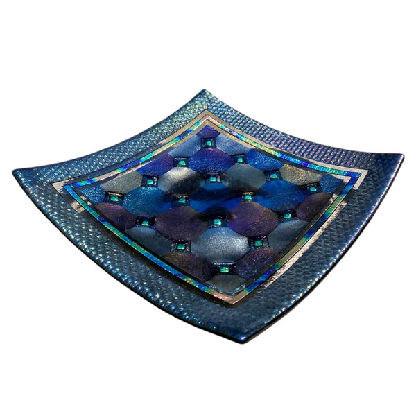 Fused Glass Plate – Harlequin Design with Border and Green Diamond Detail