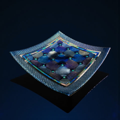 Fused Glass Plate – Harlequin Design with Border and Green Diamond Detail