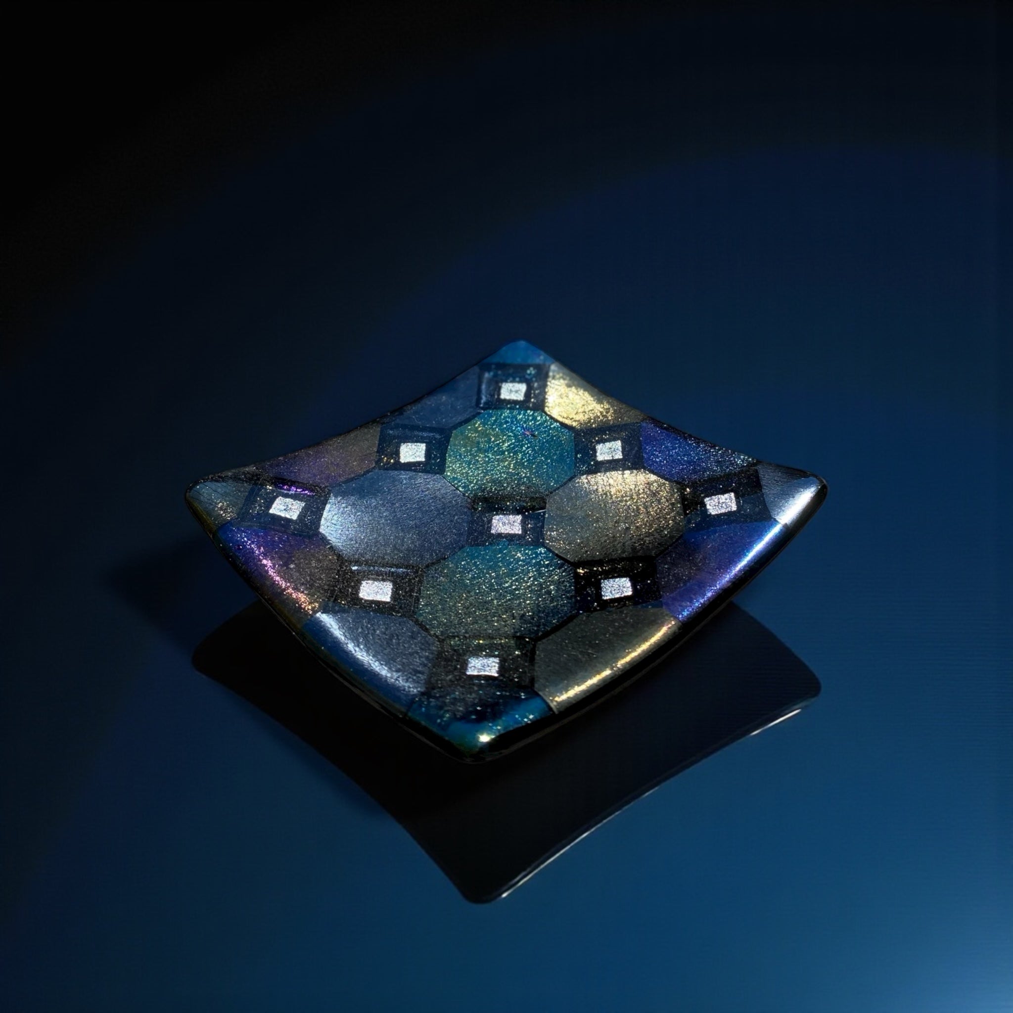 Fused Glass Plate – Harlequin Design with White Diamond Detail