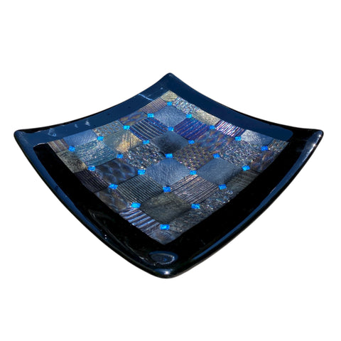 Fused Glass Plate –  Patchwork Design with Black Border and Blue Diamond Detail