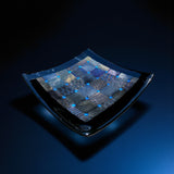 Fused Glass Plate –  Patchwork Design with Black Border and Blue Diamond Detail