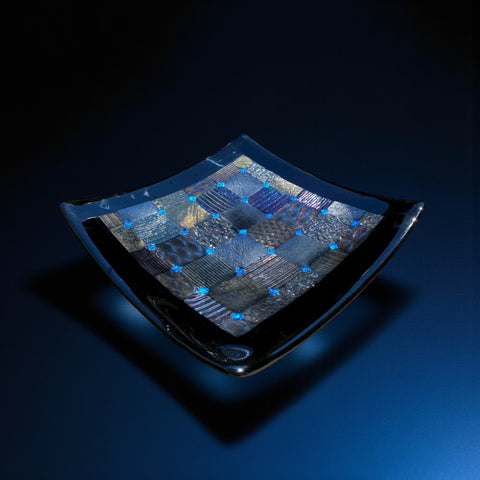 Fused Glass Plate –  Patchwork Design with Black Border and Blue Diamond Detail