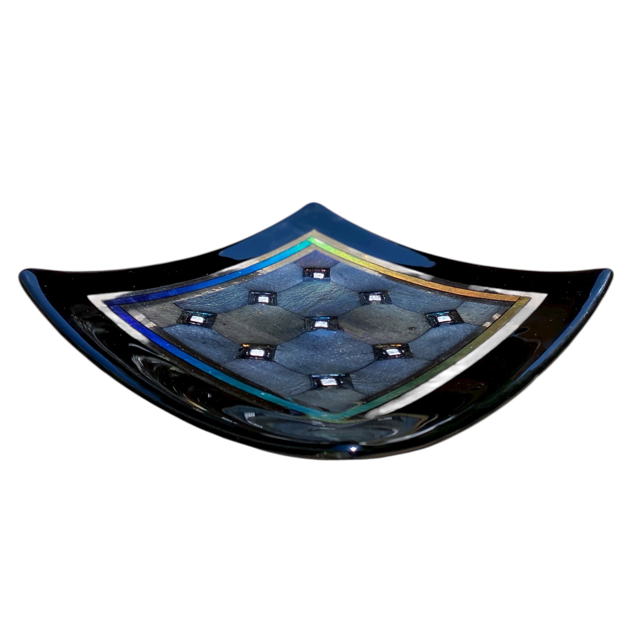 Fused Glass Plate – Harlequin Design with Black Border and White Diamond Detail